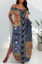 Dark Blue Sexy Street Faux Denim Print Pocket Slit Contrast U Neck Printed Plus Size Dresses
