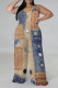 Multicolor Casual Street Faux Denim Print Contrast V Neck Plus Size Jumpsuits(With a turban)