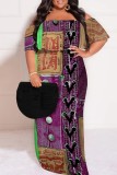 The cowboy blue Casual Faux Denim Print Patchwork Off Shoulder Long Plus Size Dresses