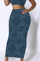 Blue Casual Street Geometric Print Faux Denim Print Contrast Skinny High Waist Full Print Bottoms