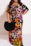 Leopard Print Casual Floral Print Patchwork Off Shoulder Long Plus Size Dresses