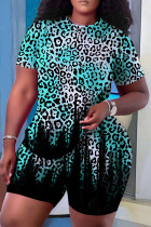 Cyan Green Casual Print Basic O Neck Short Sleeve Two Pieces