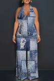Multicolor Sexy Street Faux Denim Print Backless Halter Loose Jumpsuits