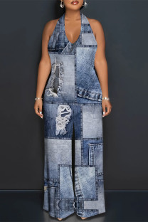 Baby Blue Sexy Street Faux Denim Print Backless Halter Loose Jumpsuits