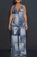 Baby Blue Sexy Street Faux Denim Print Backless Halter Loose Jumpsuits