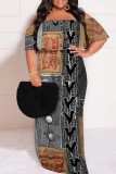 The cowboy blue Casual Faux Denim Print Patchwork Off Shoulder Long Plus Size Dresses