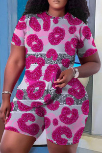 Gray Pink Casual Print Basic O Neck Short Sleeve Two Pieces