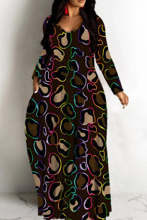 Black Casual Print Basic V Neck Long Dresses