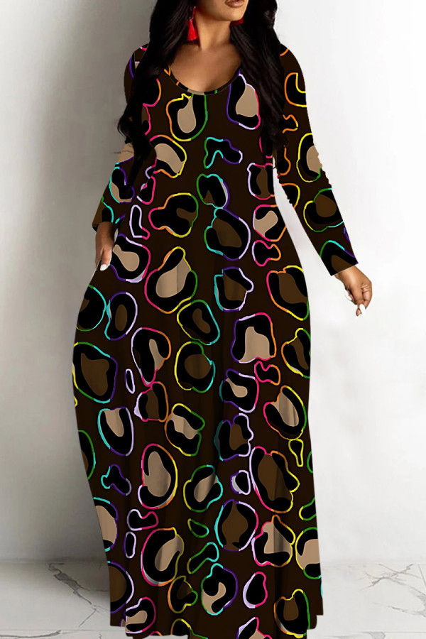 Black Casual Print Basic V Neck Long Dresses