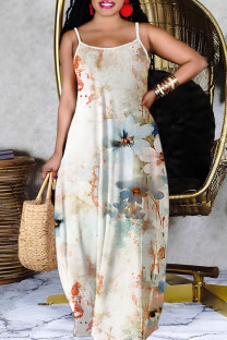 Apricot Sexy Casual Floral Print Backless Spaghetti Strap Long Dresses