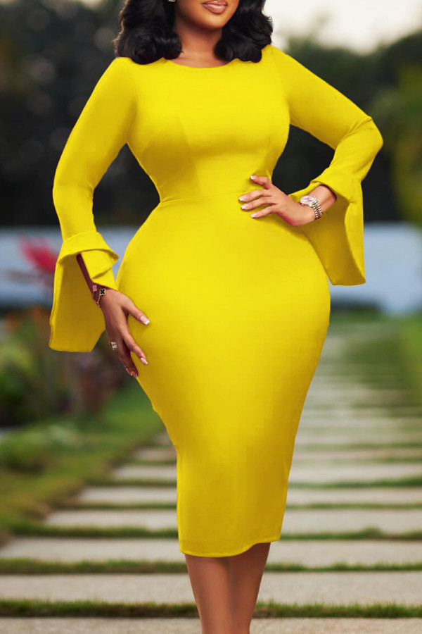 Yellow Elegant Solid Color Patchwork O Neck Wrapped Skirt Dresses
