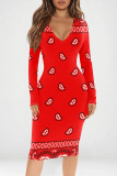 Red Casual Print Patchwork V Neck Wrapped Skirt Dresses