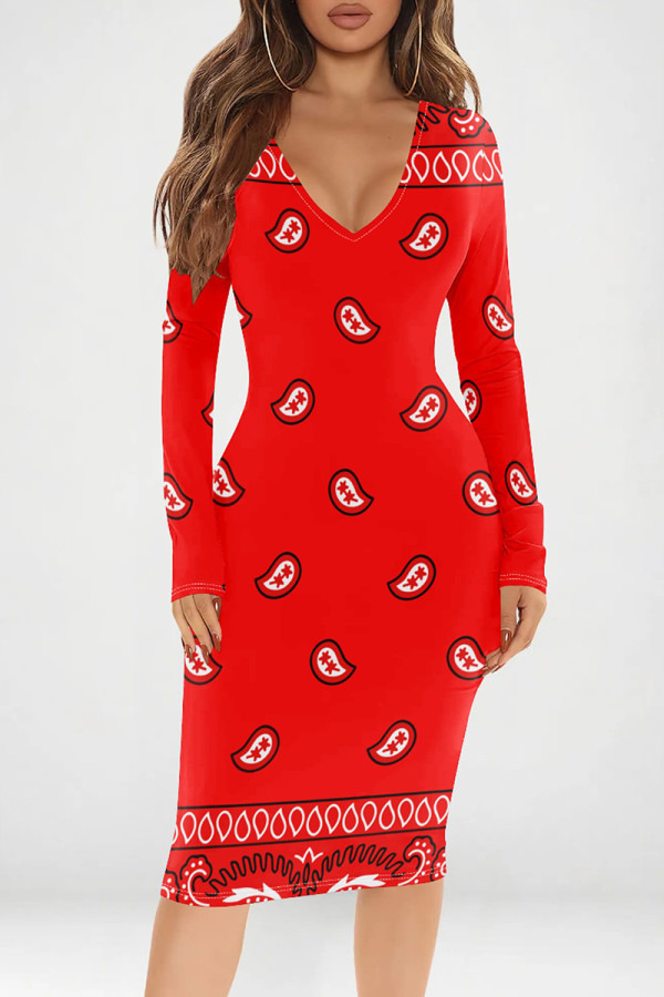 Red Casual Print Patchwork V Neck Wrapped Skirt Dresses
