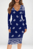 Red Casual Print Patchwork V Neck Wrapped Skirt Dresses