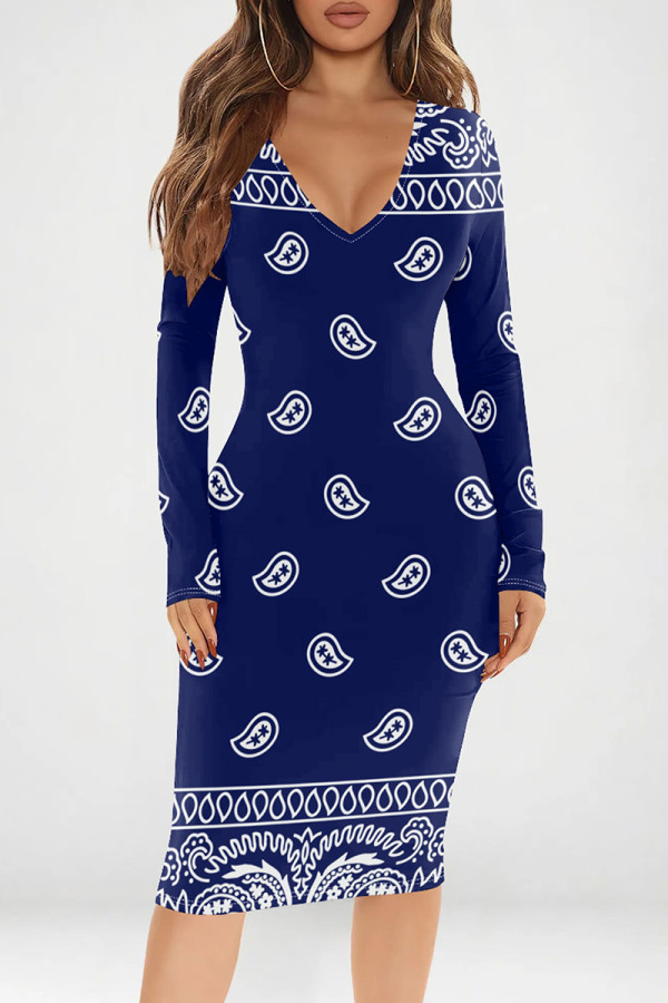 Royal Blue Casual Print Patchwork V Neck Wrapped Skirt Dresses