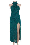 Blue Elegant Solid Color Hollow Out Patchwork O Neck Long Dresses