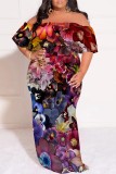 Leopard Print Casual Floral Print Patchwork Off Shoulder Long Plus Size Dresses