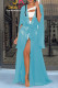 Light Blue Street Solid Color Patchwork Strap Design Cardigan Collar Outerwear