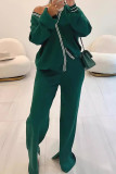 Ink Green Casual Stripe Buckle Patchwork V Neck Long Sleeve Two Pieces