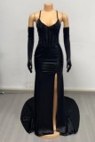 Blue Sexy Formal Solid Color Sequins Patchwork Backless Slit Spaghetti Strap Long Dresses (With Sleeves)