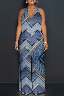 Medium Blue Sexy Street Faux Denim Print Backless Halter Loose Jumpsuits