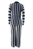 Navy Blue Casual Stripe Buckle Patchwork Button Collar Long Sleeve Two Pieces