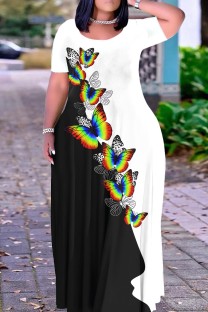 Black And White Casual Print Basic O Neck Long Plus Size Dresses