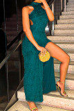Blue Elegant Solid Color Hollow Out Patchwork O Neck Long Dresses