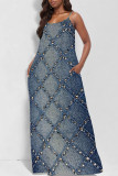 Dark Blue Sexy Street Faux Denim Print Pocket U Neck Printed Dresses