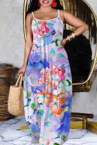 Purple Sexy Casual Floral Print Backless Spaghetti Strap Long Dresses