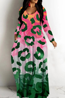 Red Green Casual Print Basic V Neck Long Dresses