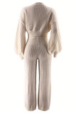 Apricot Casual Solid Color Hollow Out Buckle Patchwork V Neck Long Sleeve Two Pieces