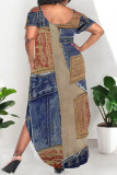 Multicolor Sexy Street Faux Denim Print Pocket Slit Contrast U Neck Printed Plus Size Dresses