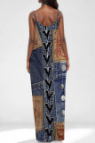 Dark Blue Sexy Street Faux Denim Print Pocket U Neck Printed Dresses