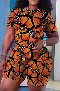Orange Casual Butterfly Print Basic O Neck Short Sleeve Two Pieces