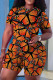 Orange Casual Butterfly Print Basic O Neck Short Sleeve Two Pieces