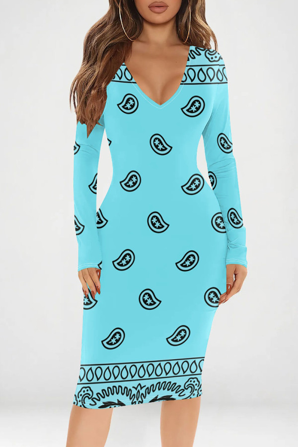 Baby Blue Casual Print Patchwork V Neck Wrapped Skirt Dresses