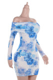 Blue Sexy Print Patchwork Backless Off Shoulder Wrapped Skirt Dresses