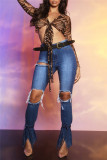Baby Blue Fashion Casual Solid Ripped Hollowed Out Slit High Waist Regular Jeans