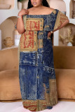 The cowboy blue Casual Faux Denim Print Patchwork Off Shoulder Long Plus Size Dresses