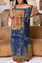Blue Casual Faux Denim Print Patchwork Off Shoulder Long Plus Size Dresses