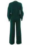 Ink Green Casual Stripe Buckle Patchwork V Neck Long Sleeve Two Pieces