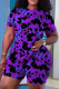 Purple Casual Butterfly Print Basic O Neck Short Sleeve Two Pieces