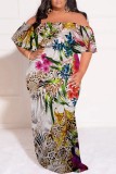 Leopard Print Casual Floral Print Patchwork Off Shoulder Long Plus Size Dresses