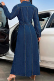 Blue Street Solid Color Buckle Patchwork High Slit Turndown Collar Long Sleeve Straight Denim Dresses