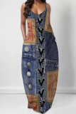 Dark Blue Sexy Street Faux Denim Print Pocket U Neck Printed Dresses