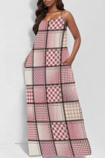 Pink Sexy Street Faux Denim Print Pocket U Neck Printed Dresses