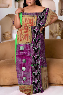 Purple Casual Faux Denim Print Patchwork Off Shoulder Long Plus Size Dresses