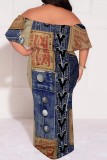 The cowboy blue Casual Faux Denim Print Patchwork Off Shoulder Long Plus Size Dresses