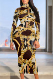 Blue Casual Print Patchwork Turtleneck Long Dresses